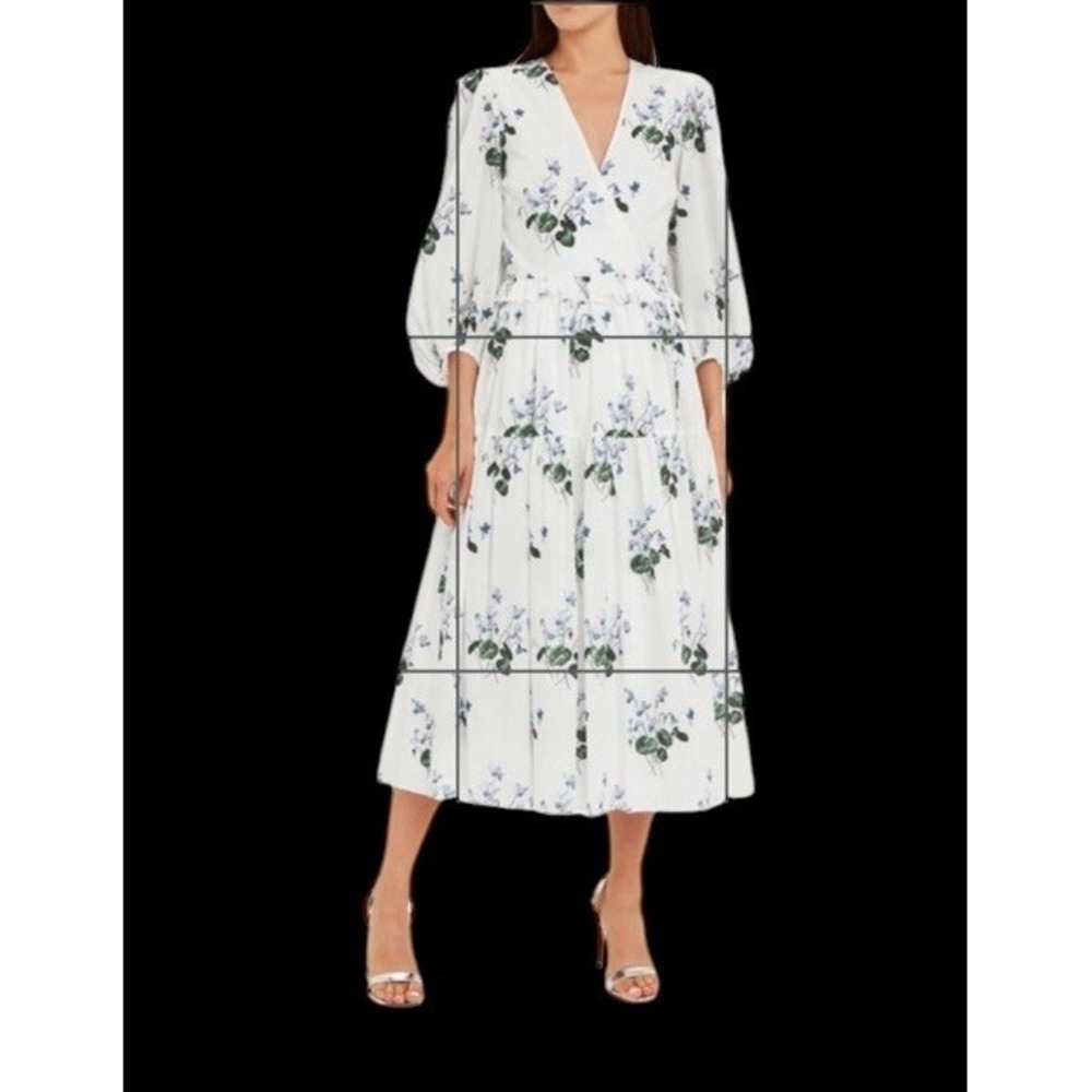 Les Reveries Floral Puff Sleeve Midi Wrap Dress 100% Cotton Women's size 6